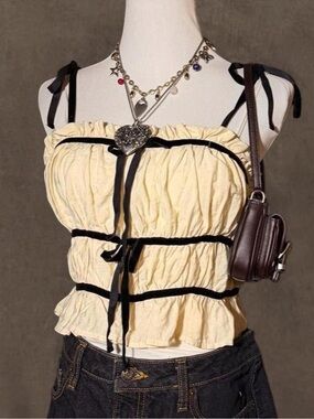 Cream Ruched Spaghetti Strap Tank with Black Trim